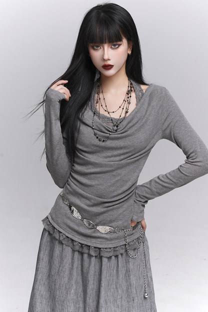 Faux two-piece one-shoulder top