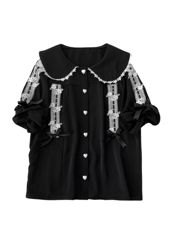 ドールカラーレースリボンパフスリーブシャツ