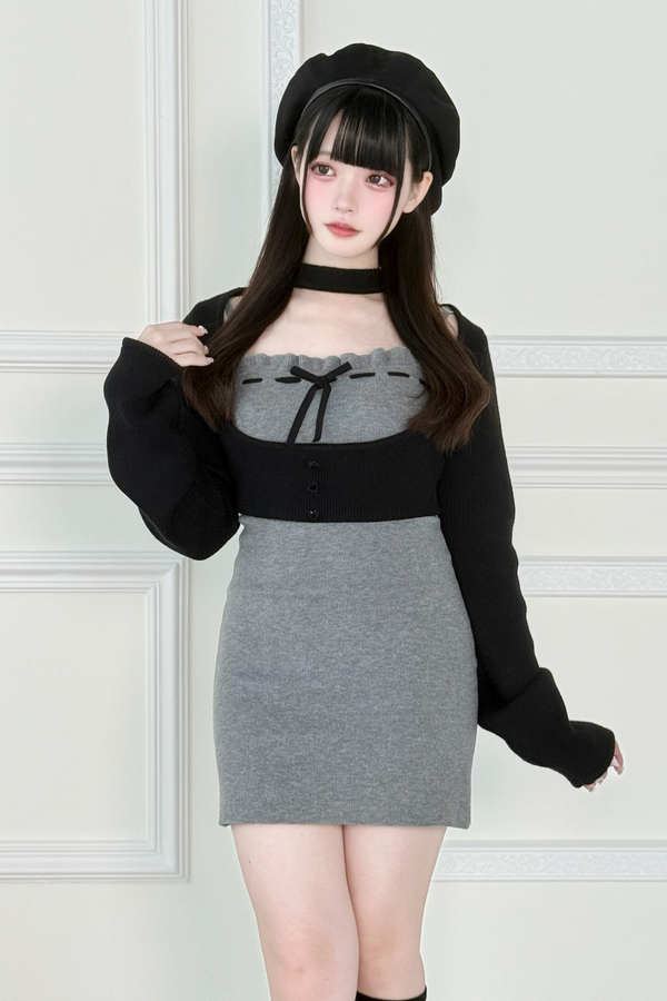 ショートニットカーディガン+タイトドレス