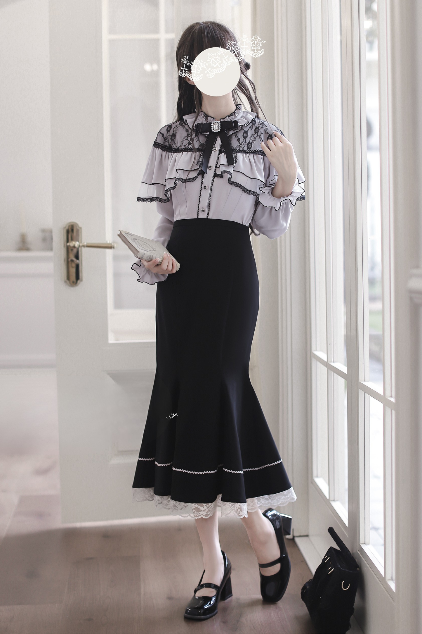 シフォンレースシャツ+フィッシュテールスカート+リボン