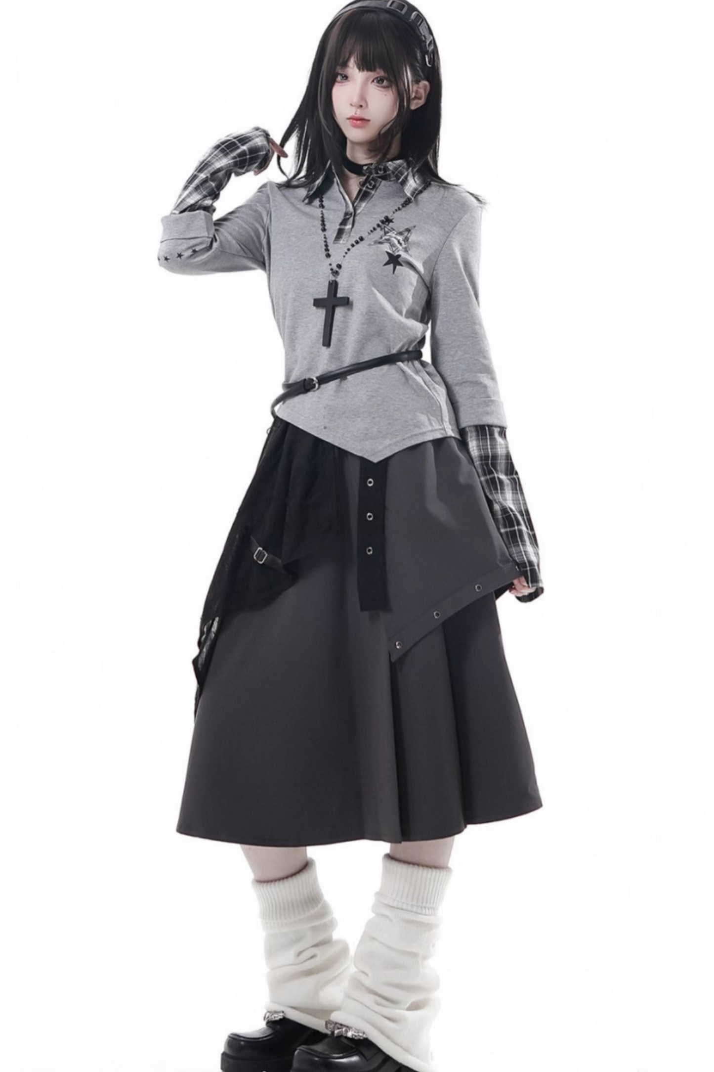 チェックデザイントップス+アシメトップス+パンツ+スカート+ベルト