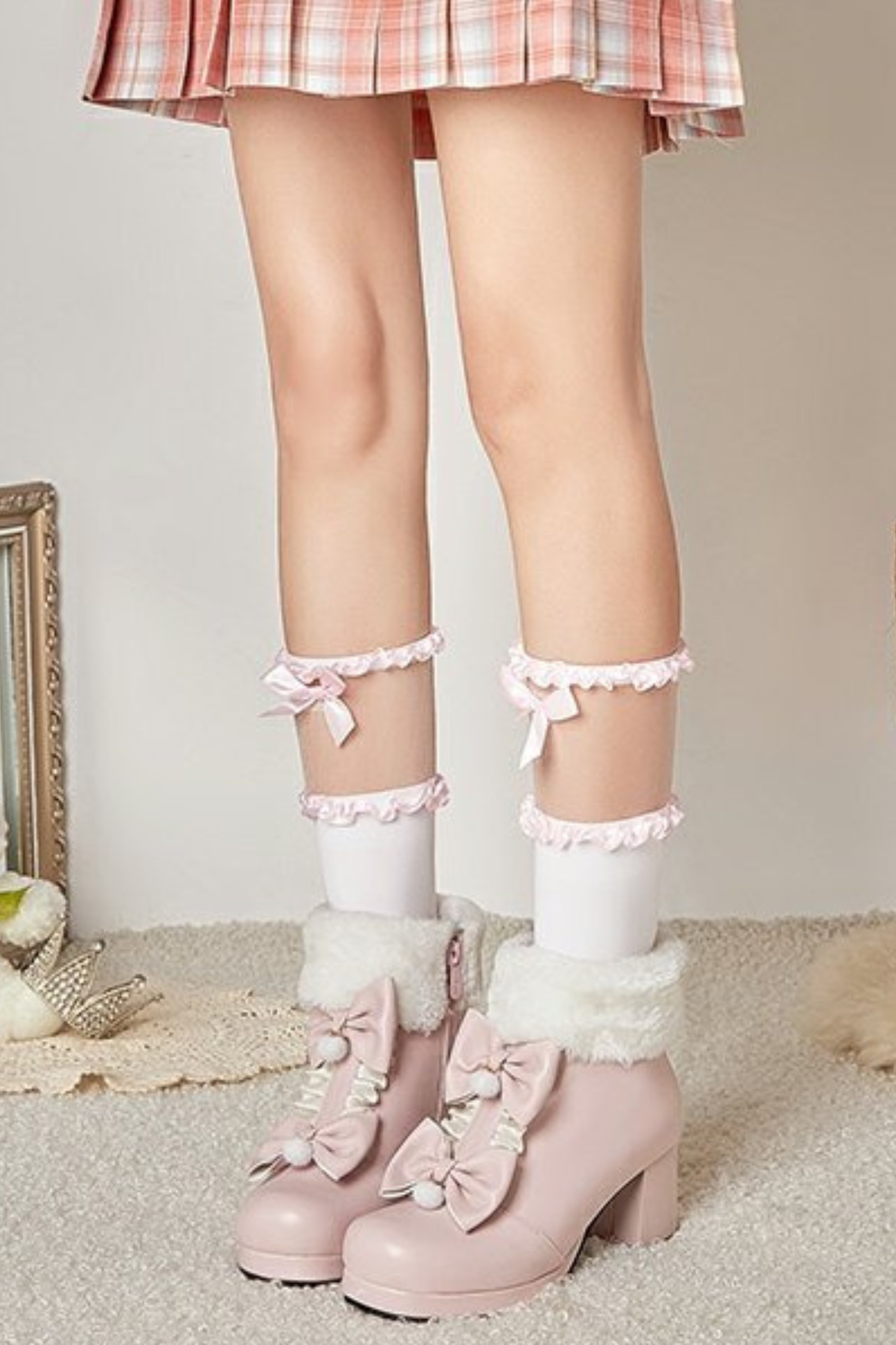 ダブルリボンファーショートブーツ