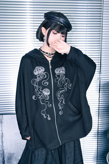 Draped Bat Sleeve Printed Hooded Hoodie