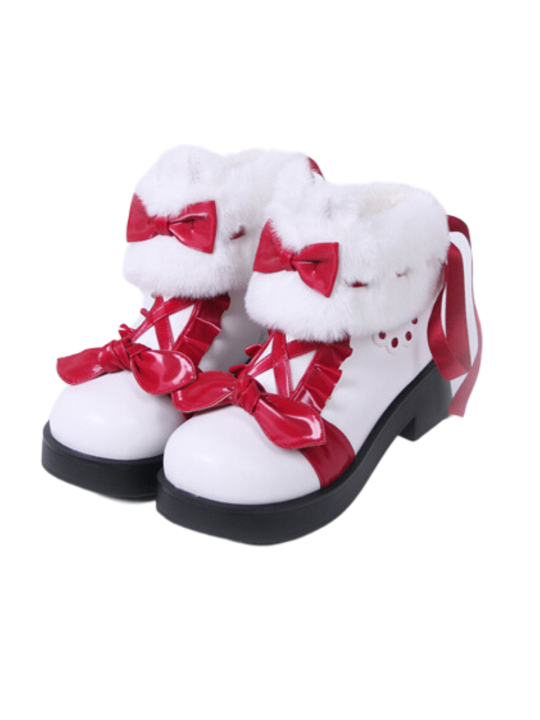 Snow Lolita Mid Heel Color Block Ribbon Sweet Velvet Short Boots