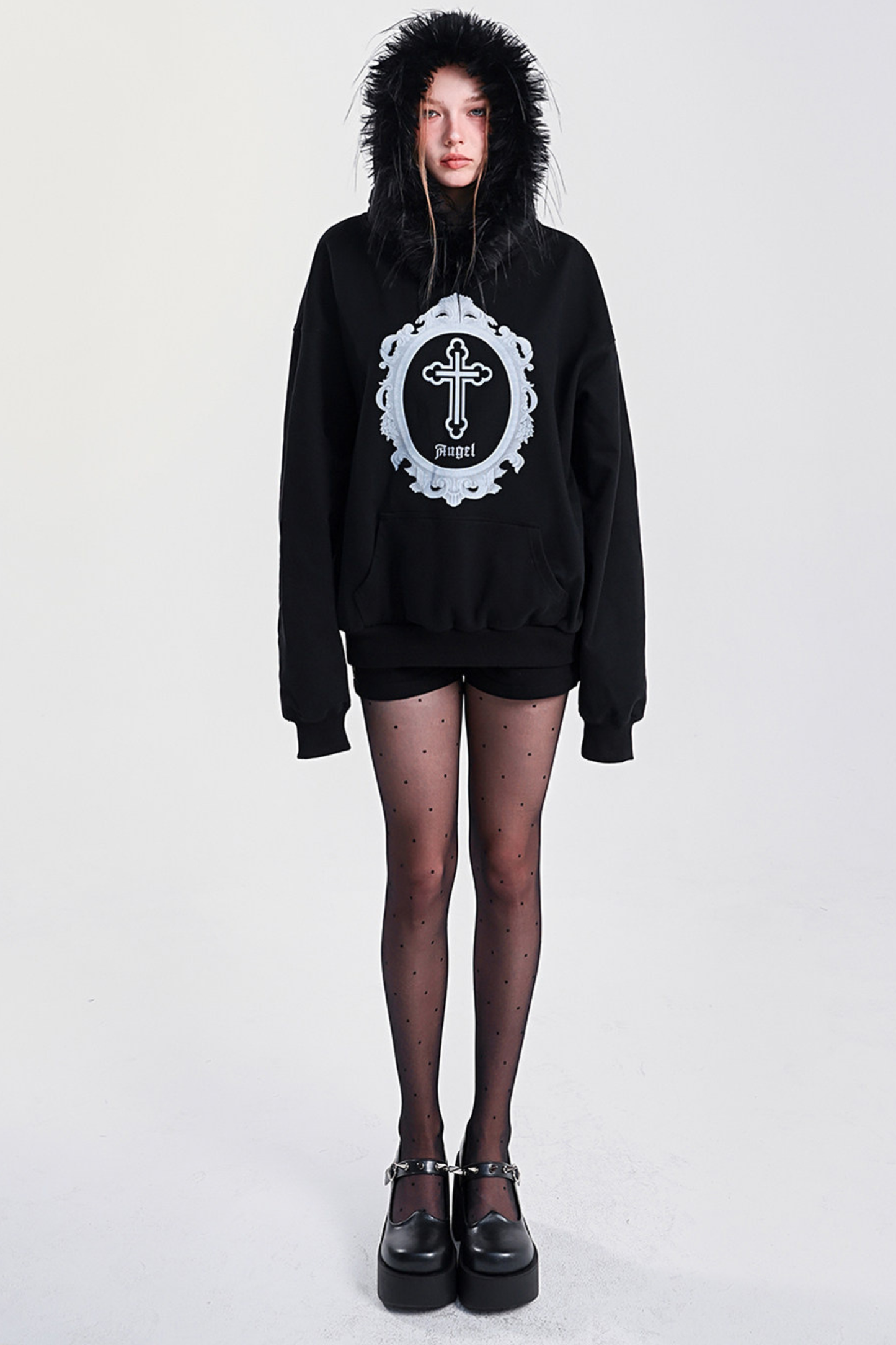 ファーフードモードルーズトップス