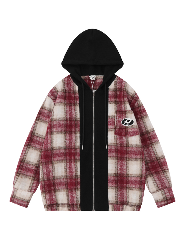 American Retro Check Hooded Loose Faux Faux Two Piece Wool Jacket
