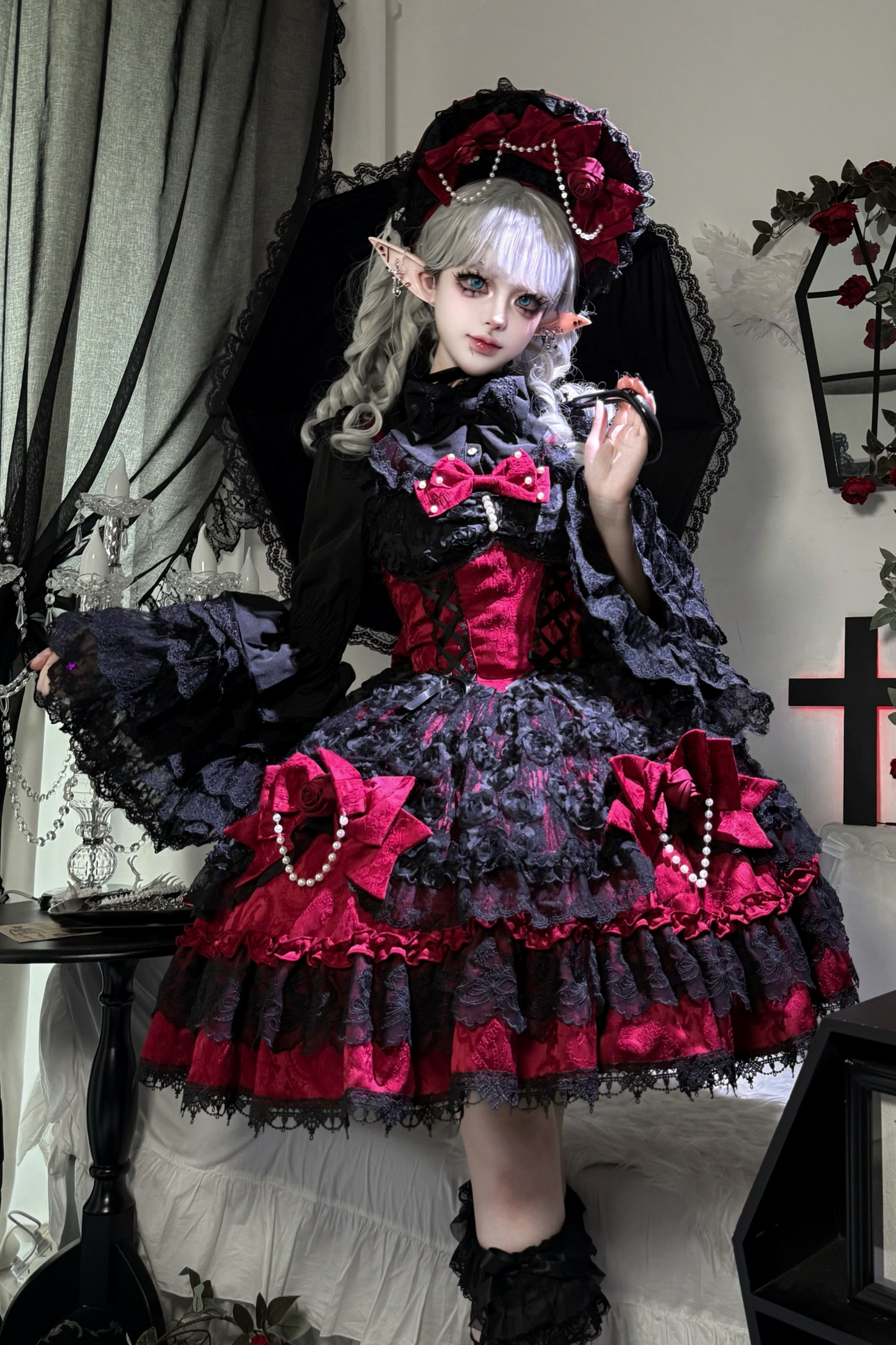 ローズフリルプリンセスジャンパースカート+バッグリボン+ボンネット