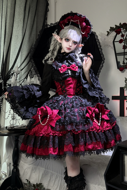 ローズフリルプリンセスジャンパースカート+バッグリボン+ボンネット