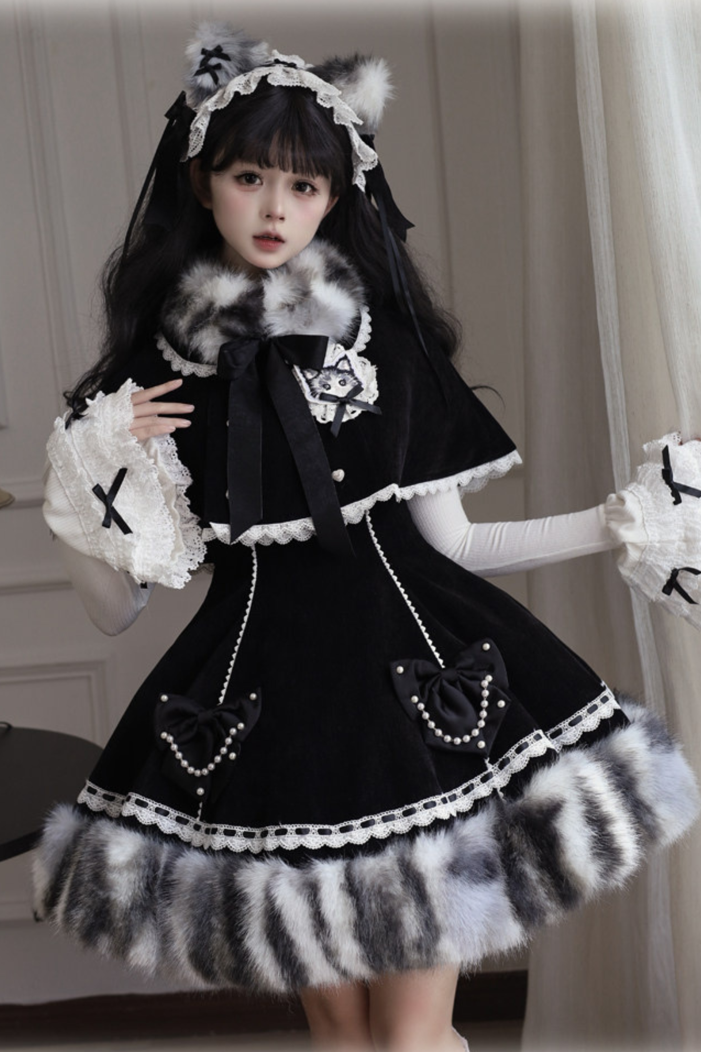 Cat Fleece Lolita Cape + Snow Lolita Dress + Flared Sleeve Top