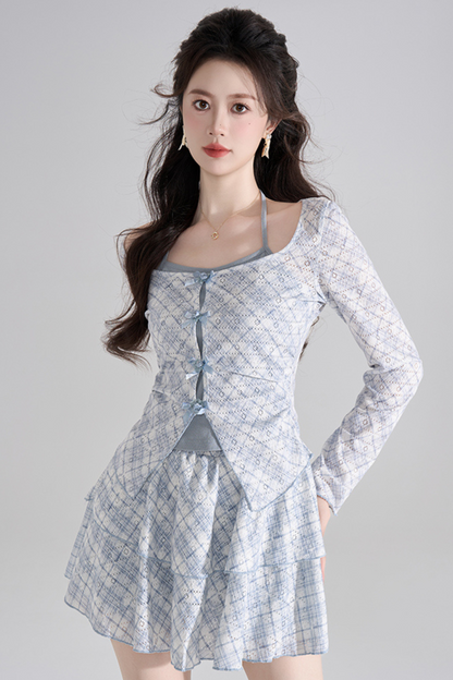 Blue Check French Sleeve Ensemble Top + Flared Skirt