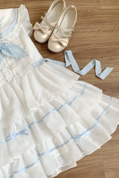 ドットノースリーブリボンセーラーワンピース