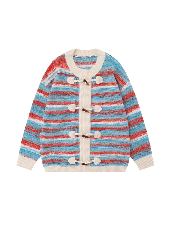 American Retro Art Striped Loose Horn Button Knit Cardigan