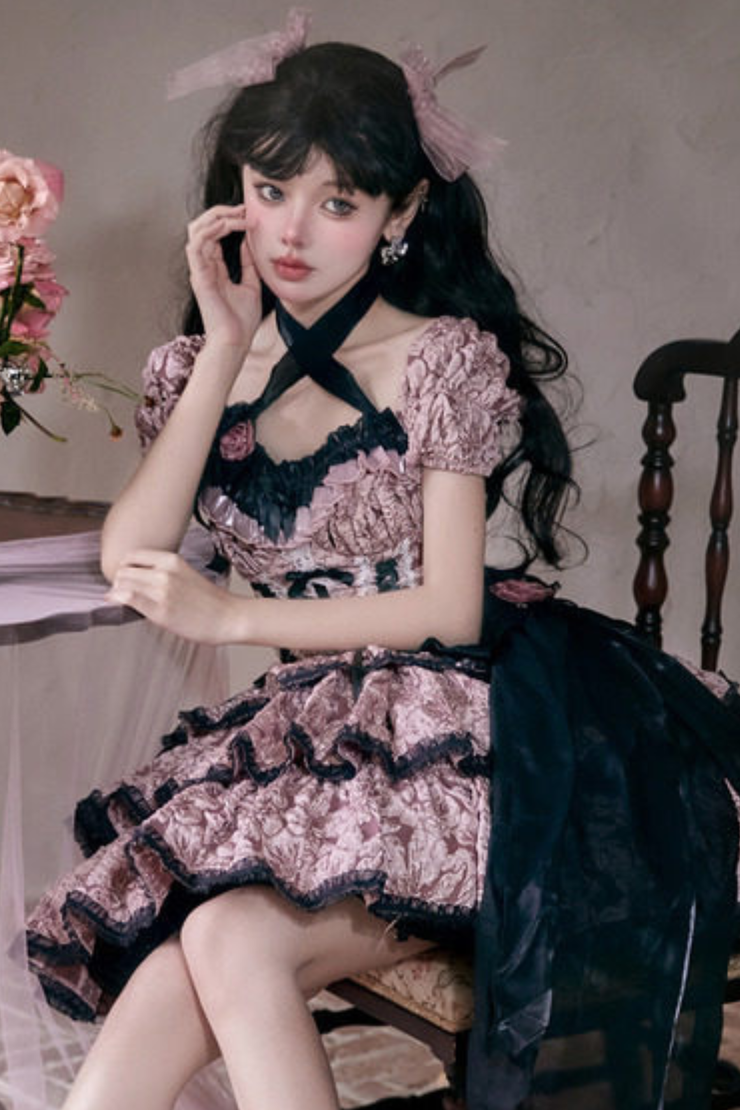 ダークピンクレースアップロリータドレス