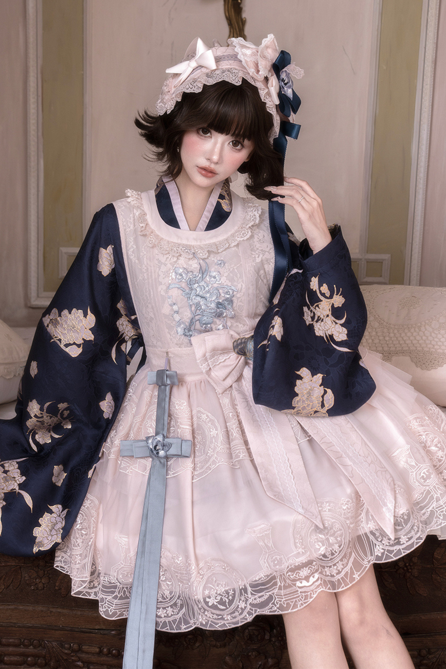 アップクロスカラージャケット+ショートジャケット+ドレス+ヘアバンド+リボン