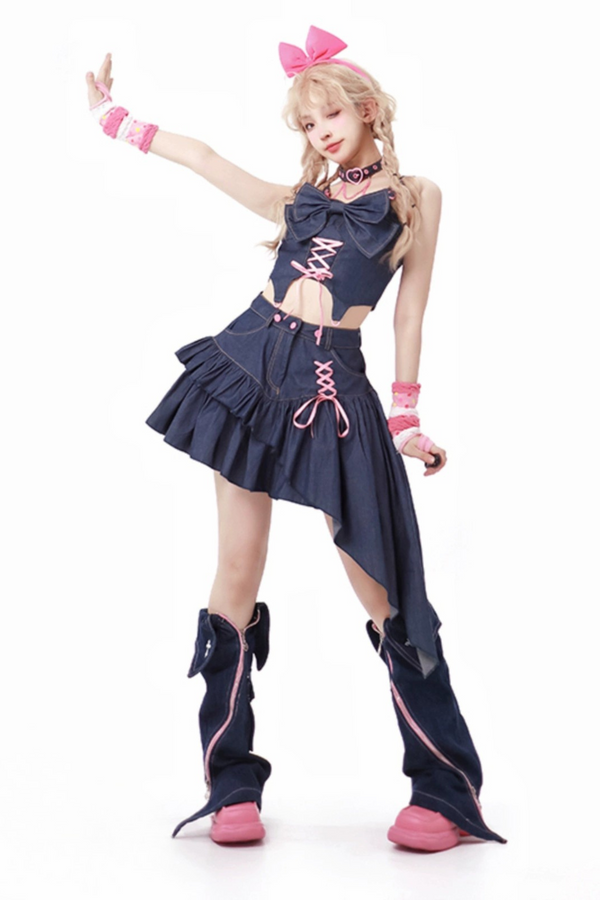 Y2Kデニムレースアップトップス+アシメフリルスカート