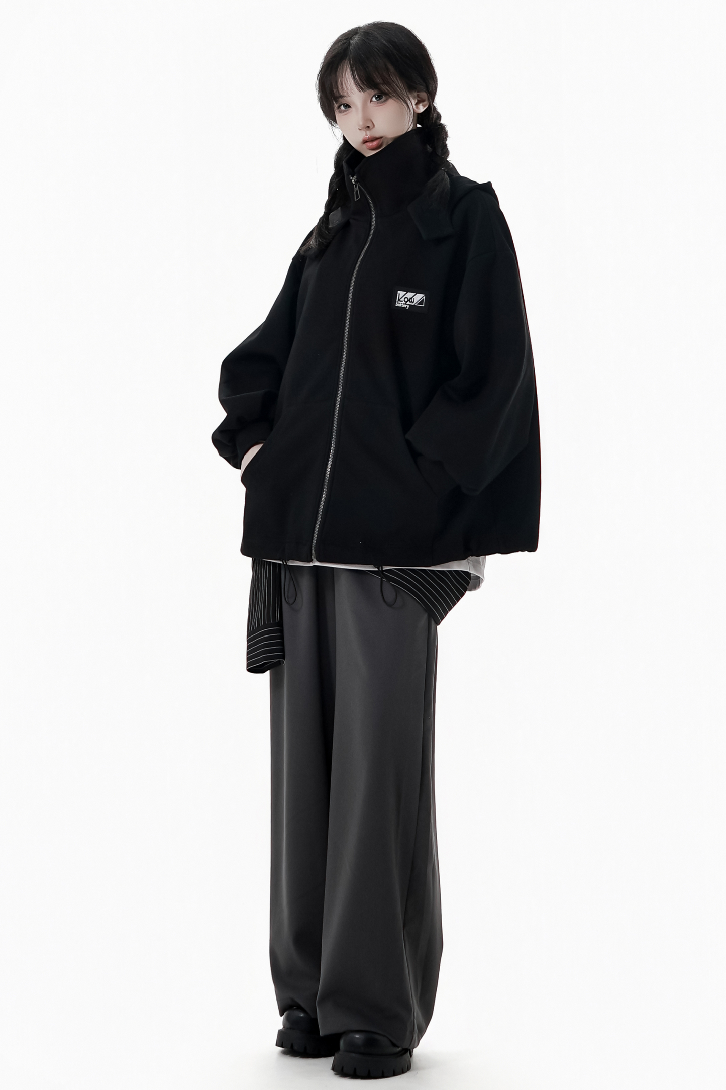 Neutral hooded jacket + coat + top + pants + straps