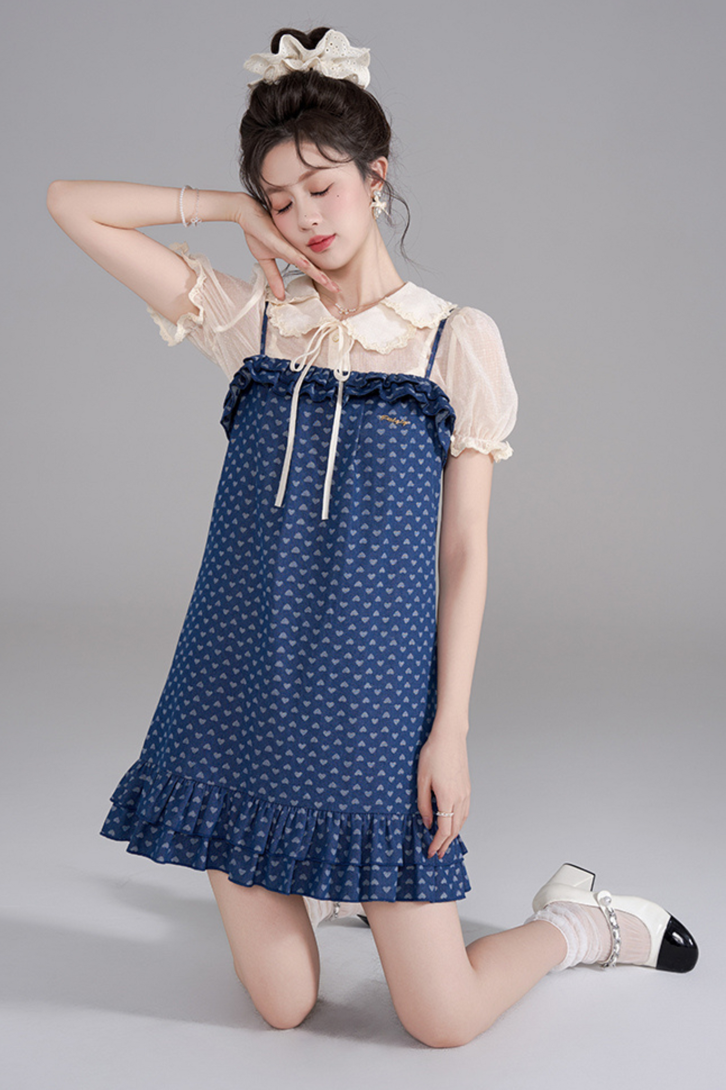 Polka Dot Ruffle Denim Dress + Shirt