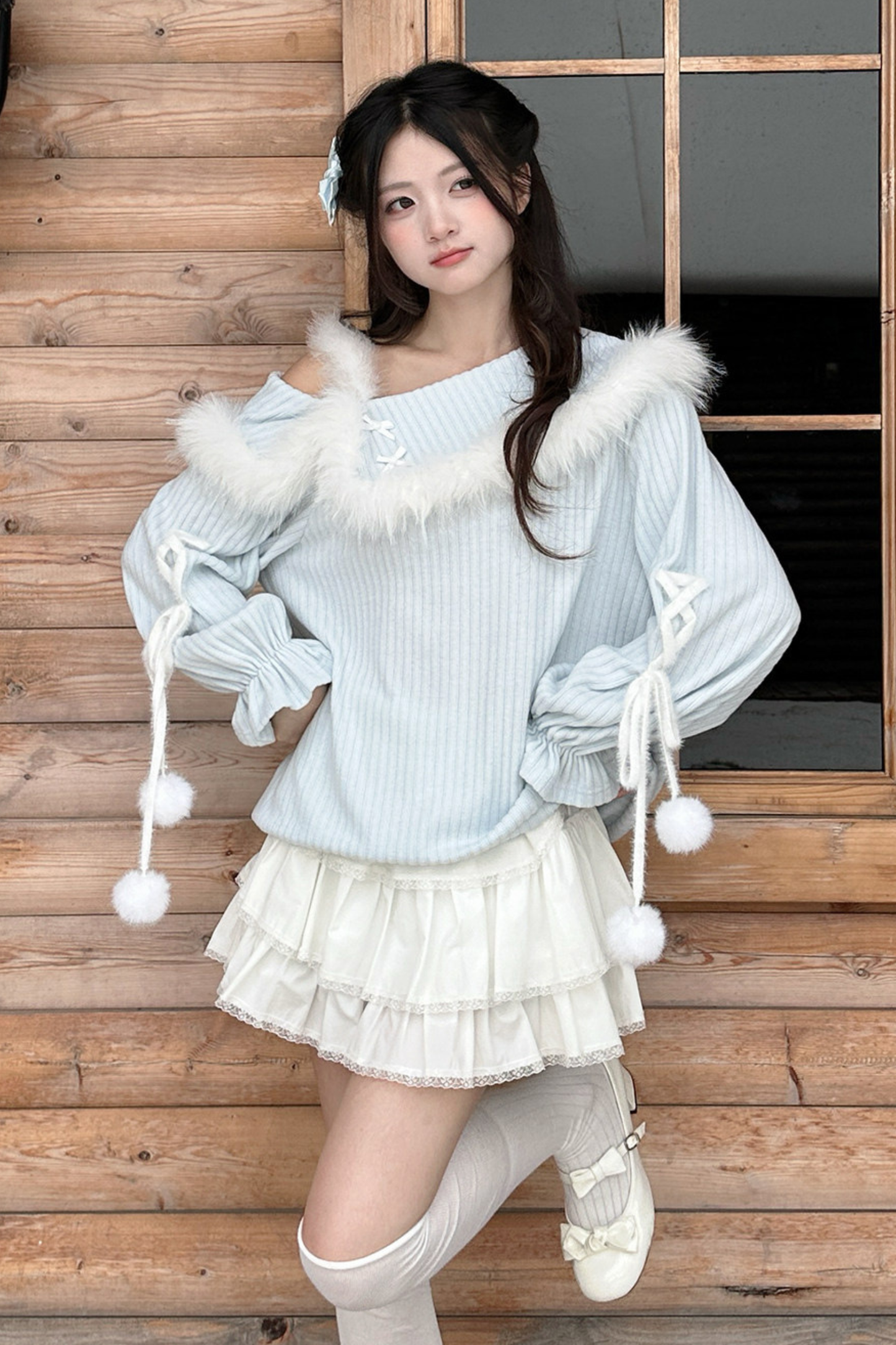 スイートブルーオフショルダーニットトップス