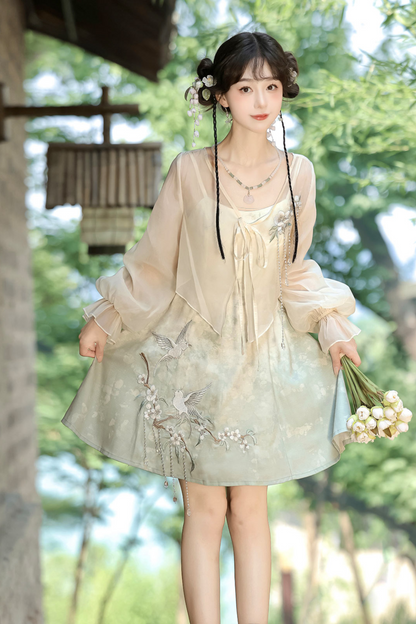 China Gradient Flower Retro Dress + Sheer Cardigan