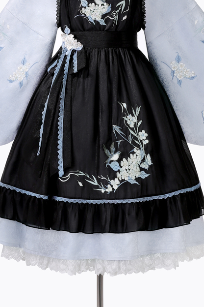 チャイナプラムブロッサムドレス+エプロンスカート