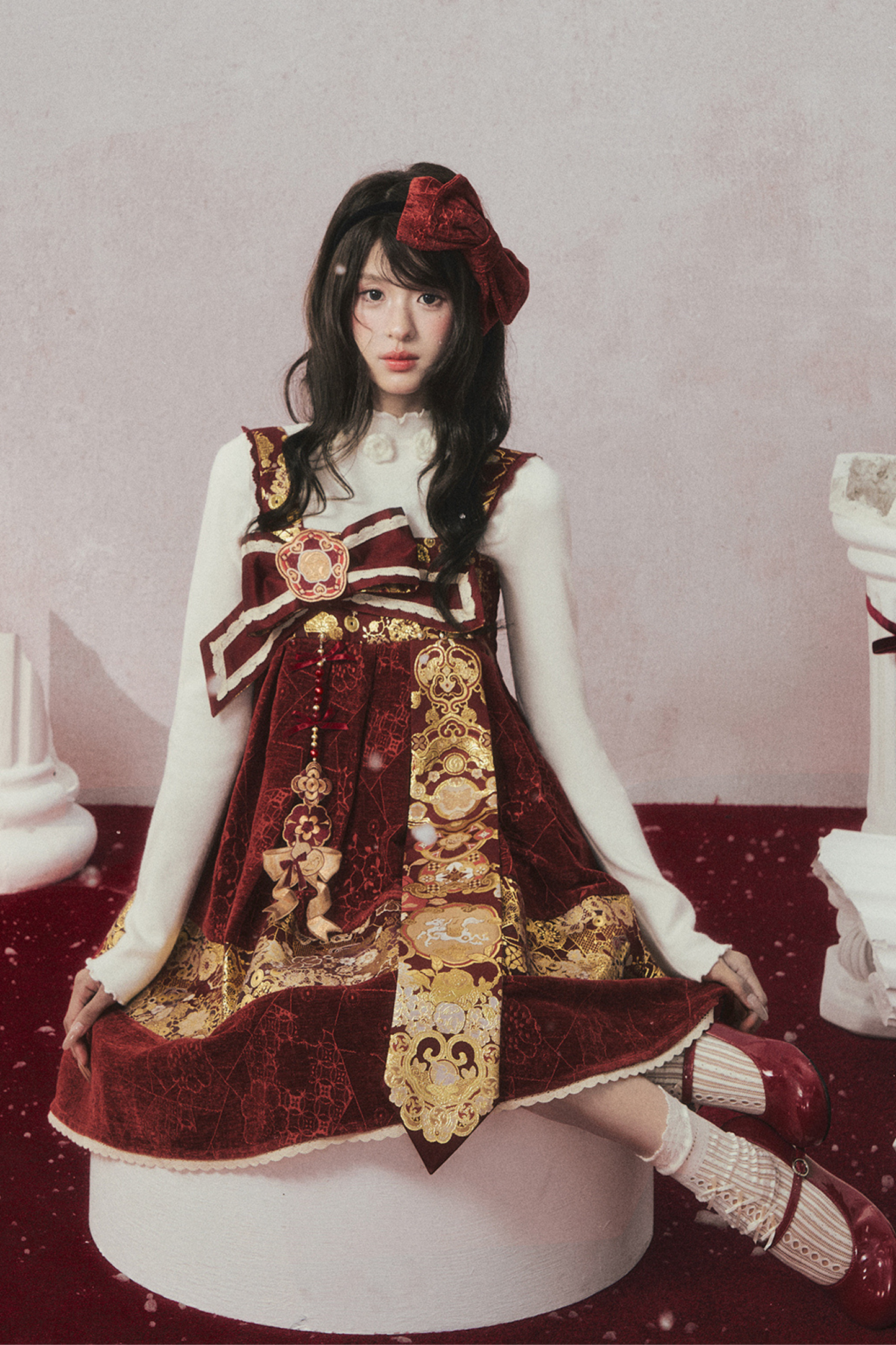 ベルベットダークレッドドレス+トップス+ジャケット+アクセサリー