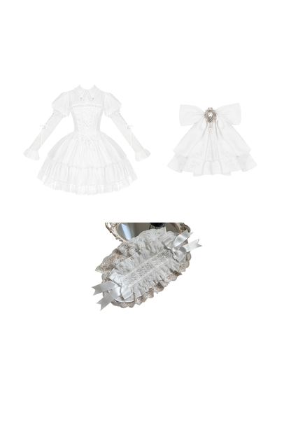 White gothic gemini Lolita dress + corset + ribbon + hair band + veil
