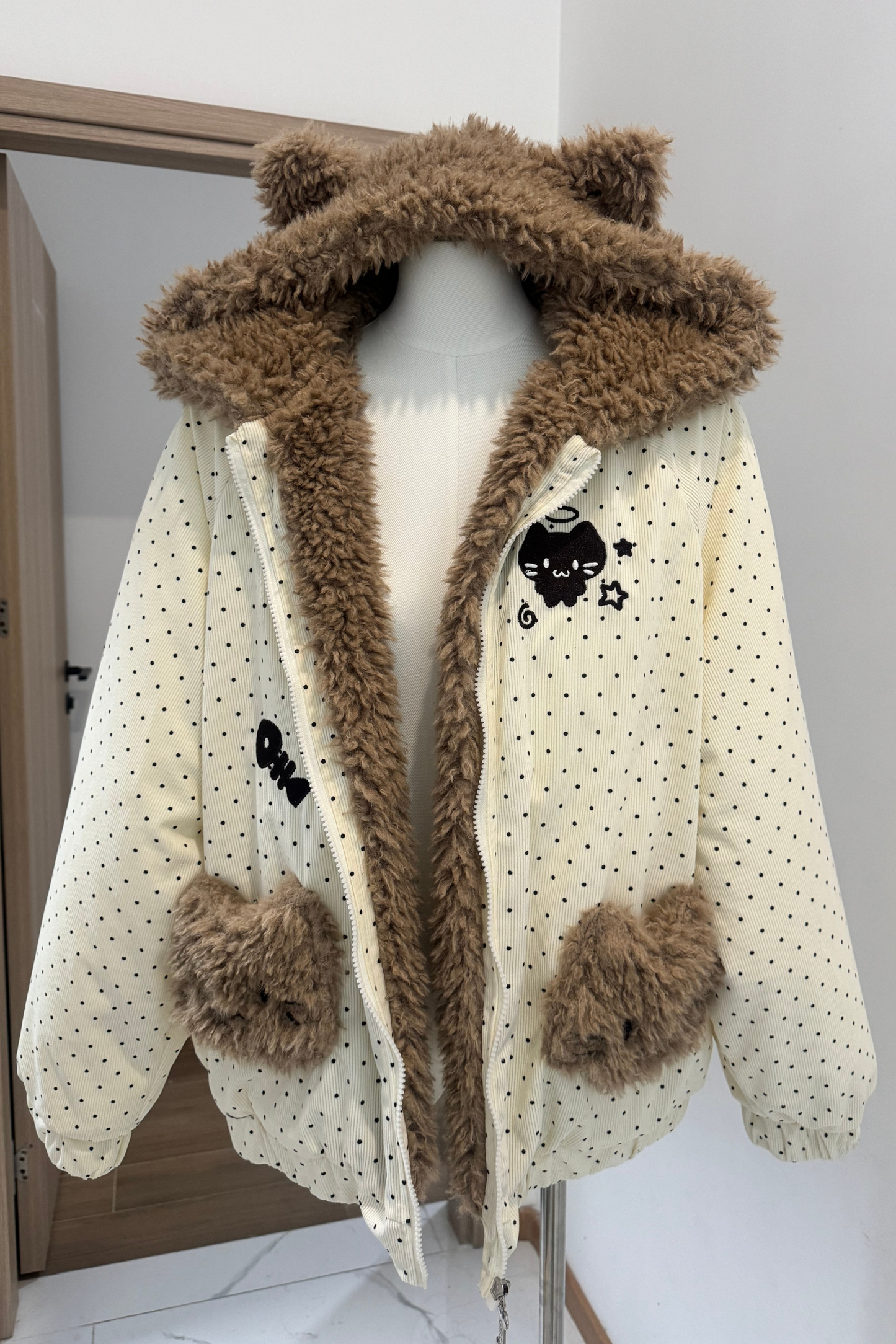 ファーキャットフードドットジャケット