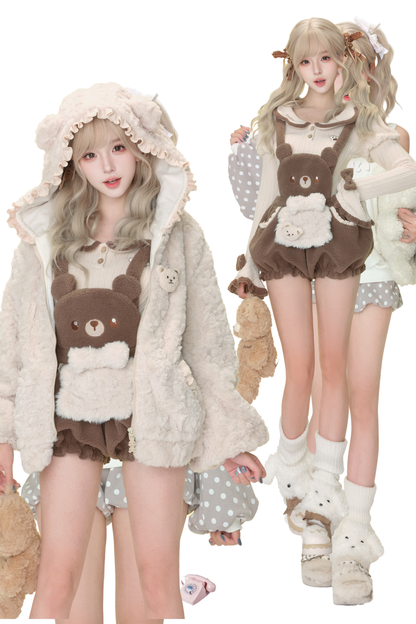 ベアケーキハウスニットトップス＋ベアサスペンダーパンツ＋ベアぬいぐるみジャケット