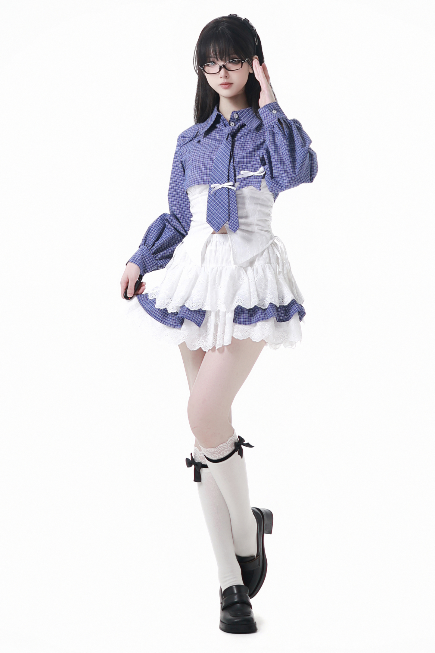 Check Tie Blouse Ursus Camisole + Skirt + Short Top