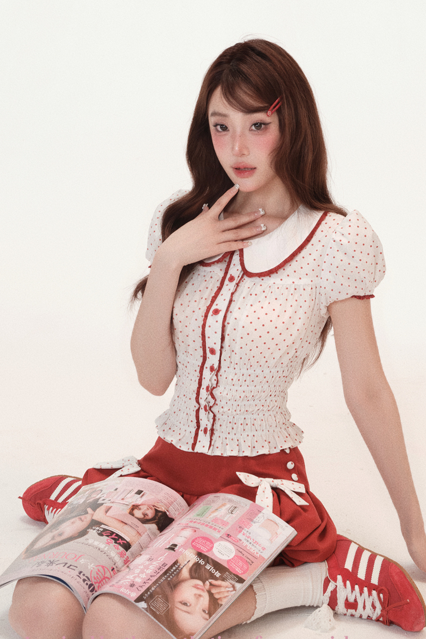 ドットパフスリーブドールシャツ+リボンバルーンスカートパンツ