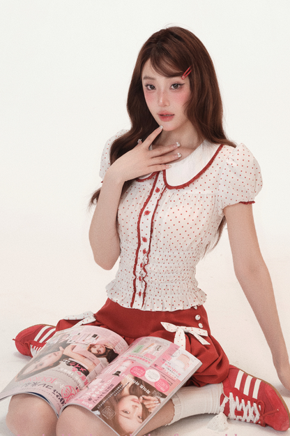 ドットパフスリーブドールシャツ+リボンバルーンスカートパンツ