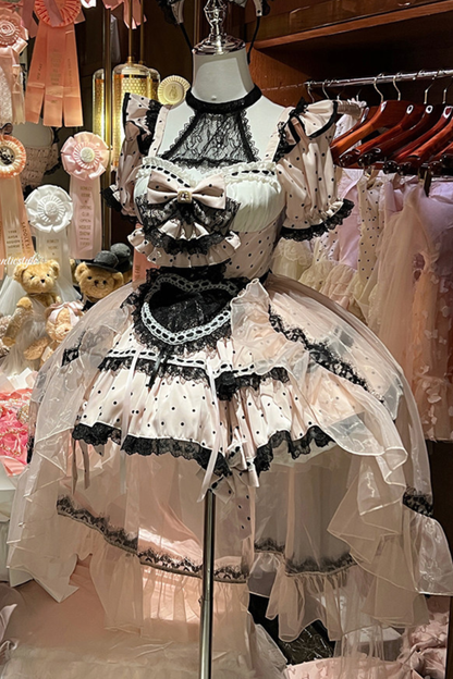 スイートリトルドットメイドロリータドレス+エプロン+ヘッドアクセサリー+ベール