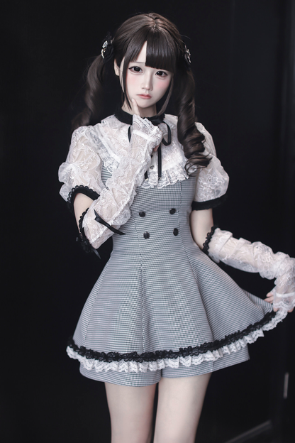 [3월 15일 예약마감] 깅엄 체크 다크 스위트 레이스 원피스 + 반바지