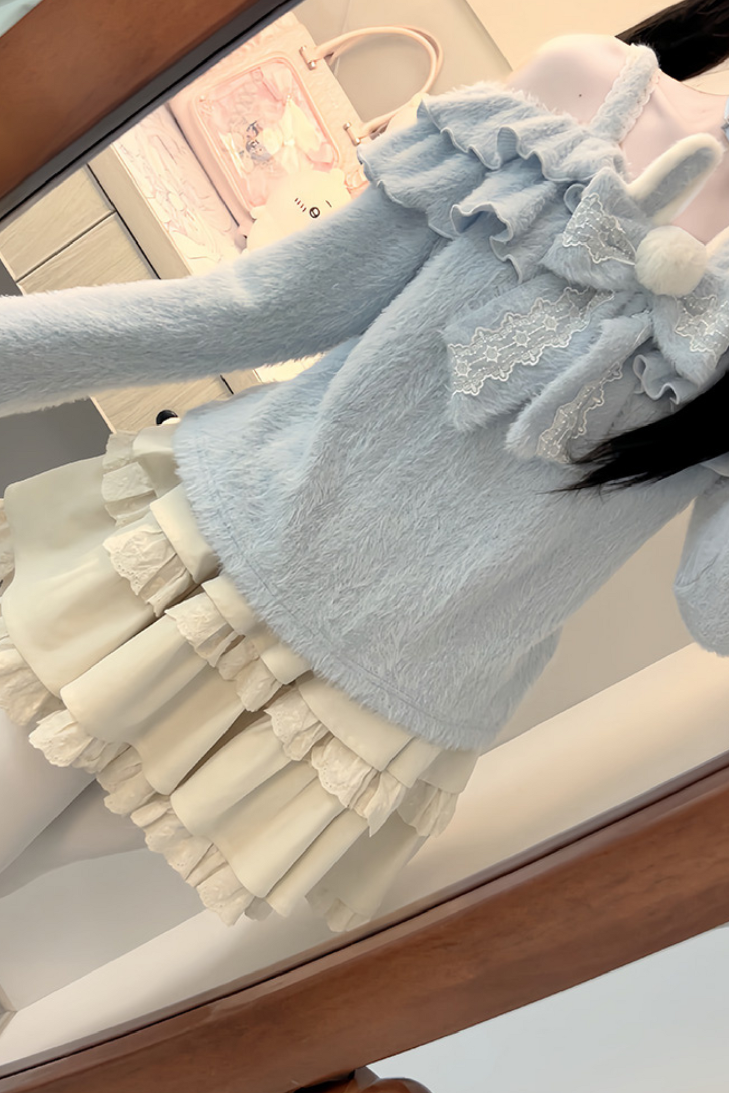 Ice blue ruffle top + ruffle skirt