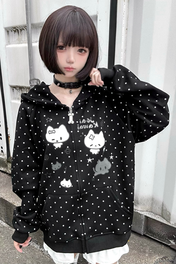 Cat Hood Dot Zip Hoodie