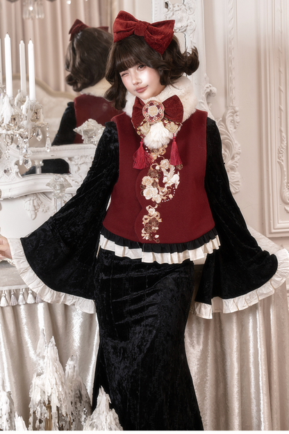 レトロフィッシュテールチャイナドレス+ベスト+ファースカーフ