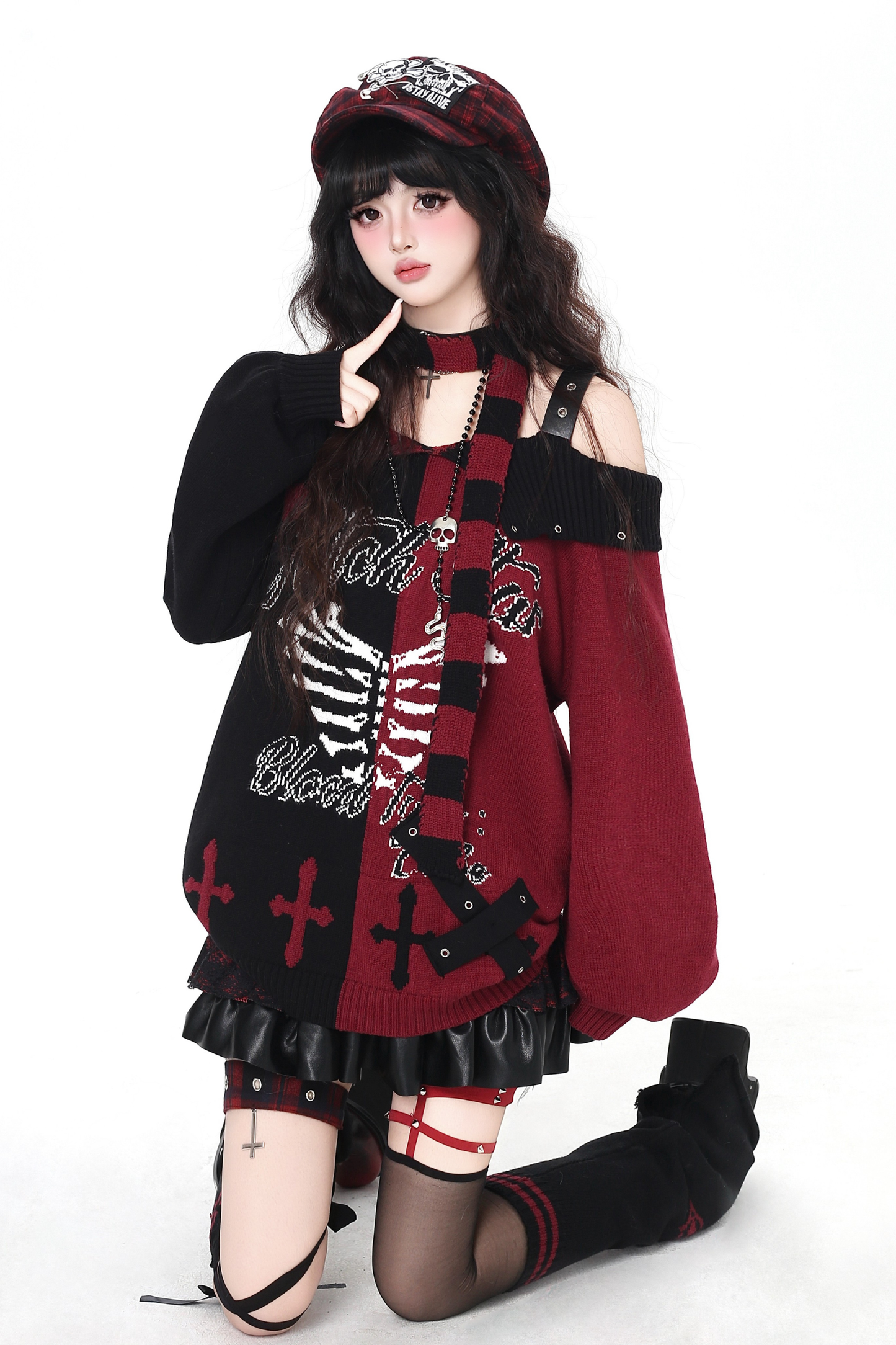 スカルボーンゴシックオフショルダートップス+スカーフ