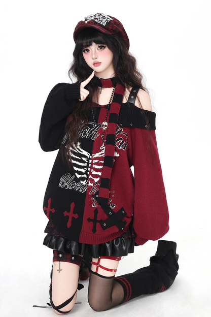 スカルボーンゴシックオフショルダートップス+スカーフ