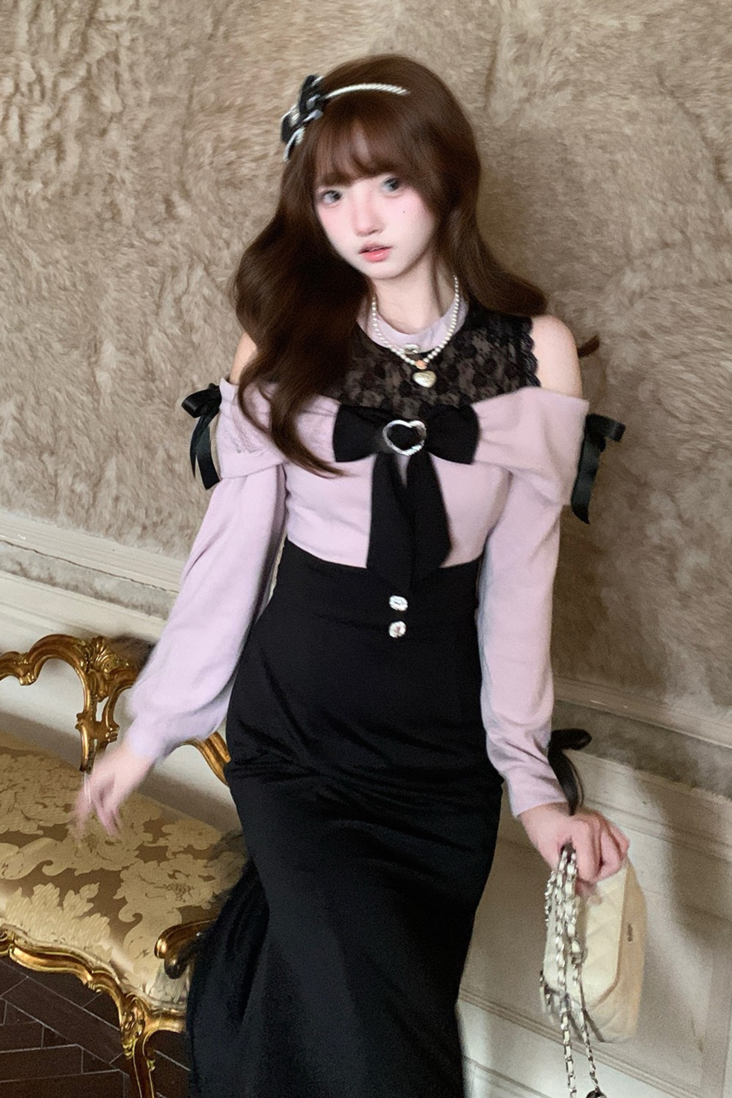 Lace Off-the-shoulder Ribbon Dress