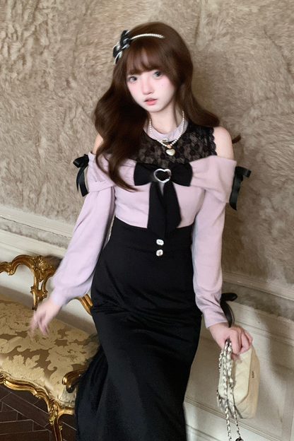 Lace Off-the-shoulder Ribbon Dress