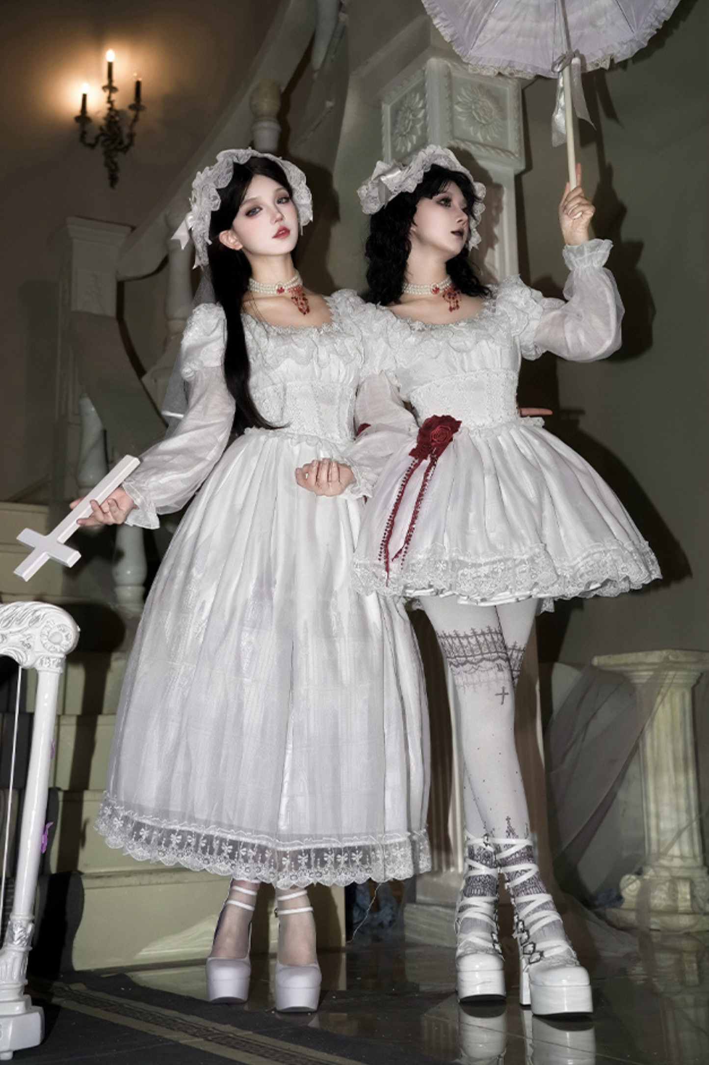 ゴシックツインズロリータドレス＋ハンドスリーブ＋ネックレス＋ヘッドバンド＋ベール＋コルセット＋取り外し可能カーテン＋コサージュ