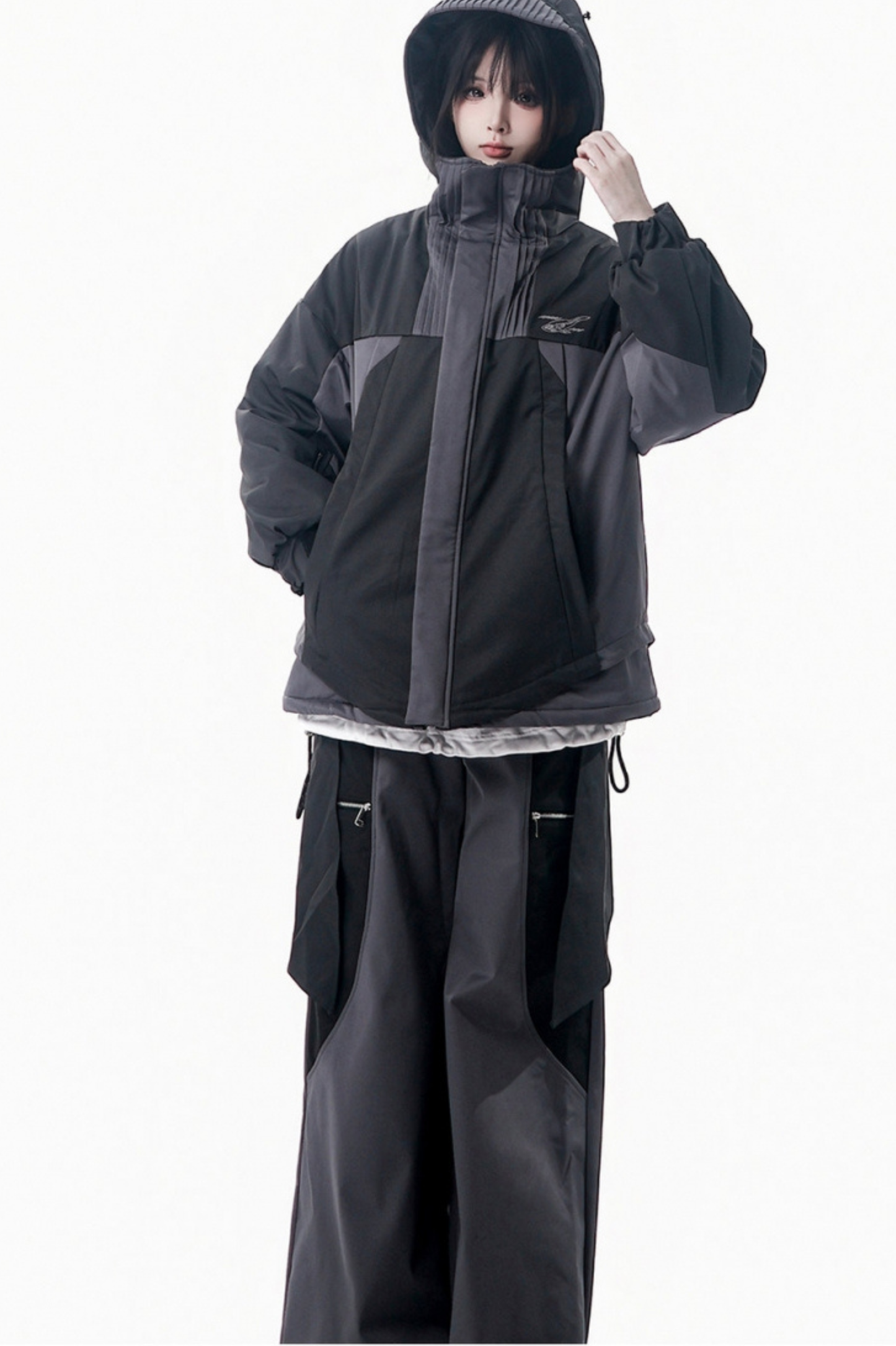 Dark gray color blocking jacket + pants + skirt + top