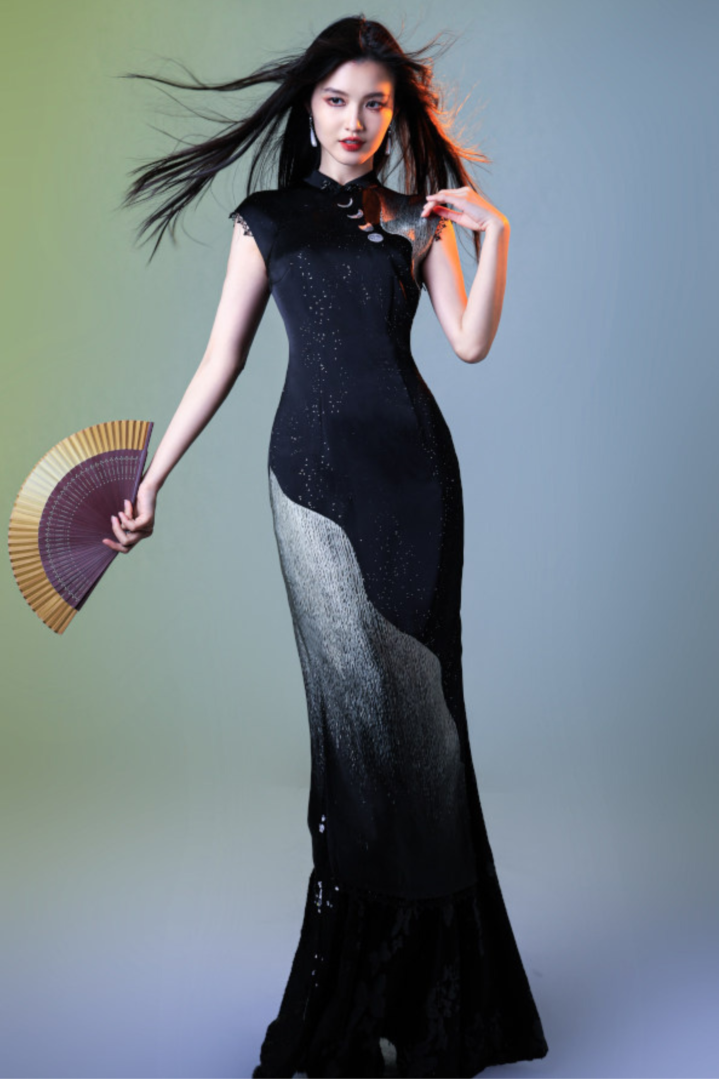 ダークサテンムーンチャイナタイトドレス