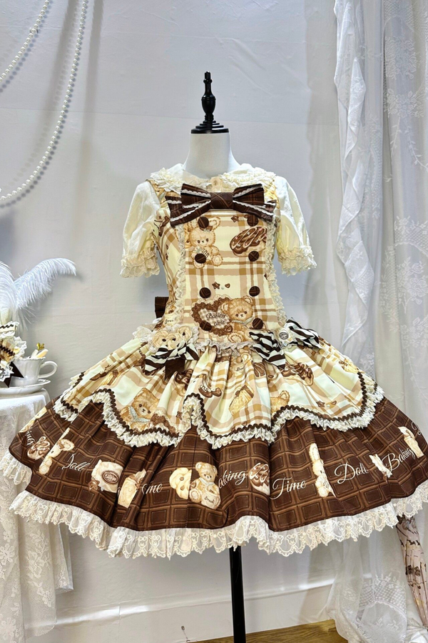 ベアティーパーティーロリータドレス+ジャンパースカート+シャツ+カチューシャ+ブローチ+エプロン