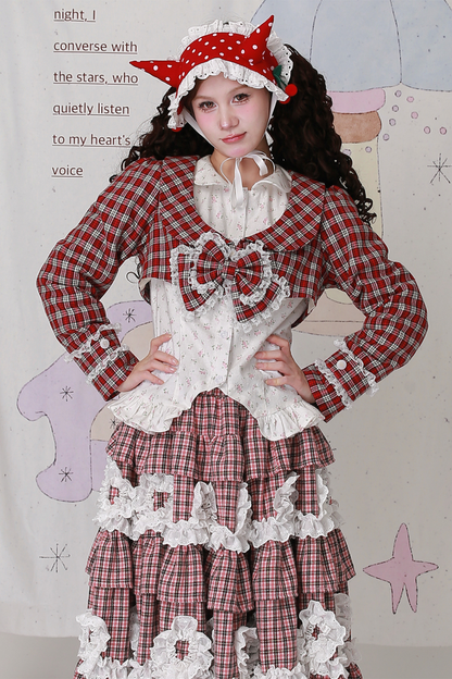 レトロチェックレースリボンショートジャケット