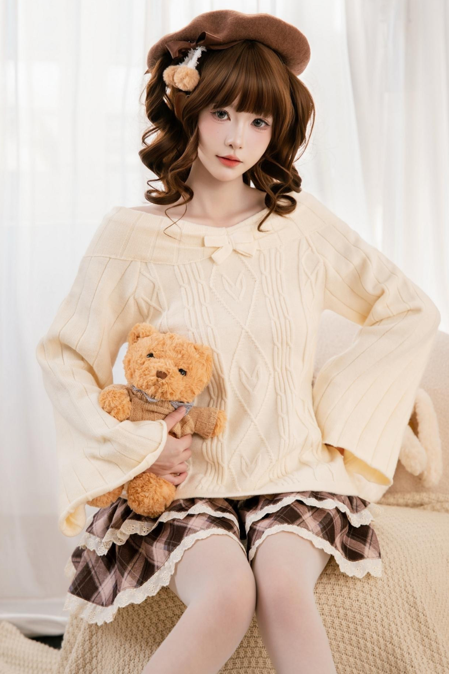 ケーブルオフショルダーニットトップス