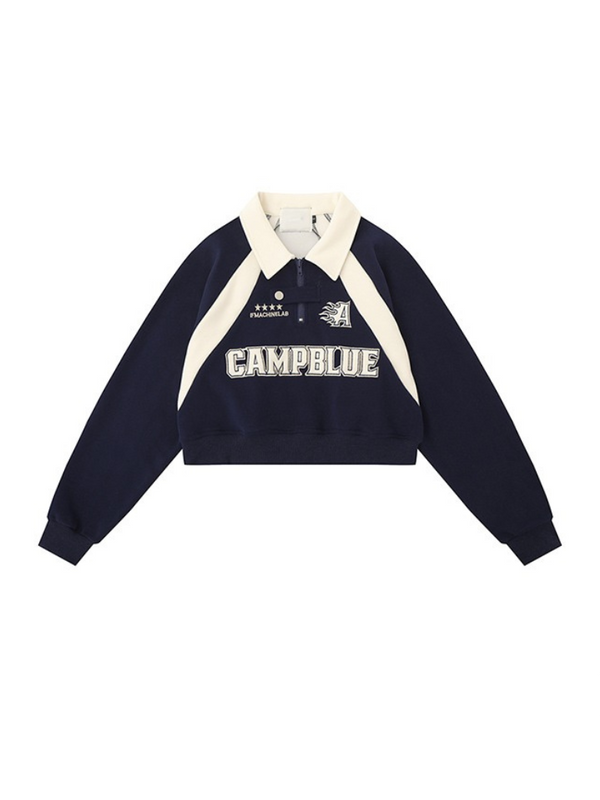 American Retro Block Color Polo Collar Loose Sweatshirt