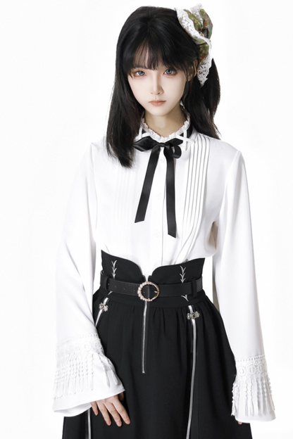 ダークモードスクエアネックカーディガン+シャツ+ロングスカート