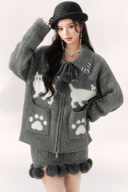 Cat Ball French Knit Sweater + Fur Skirt