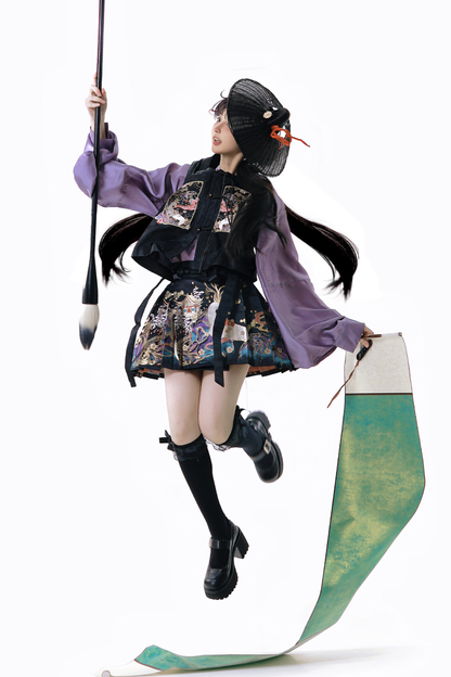 Dark china shirt + vest + skirt